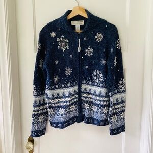 Heirloom Collectables Christmas Collection Vtg Cardigan M Blue Sequin Beaded zip